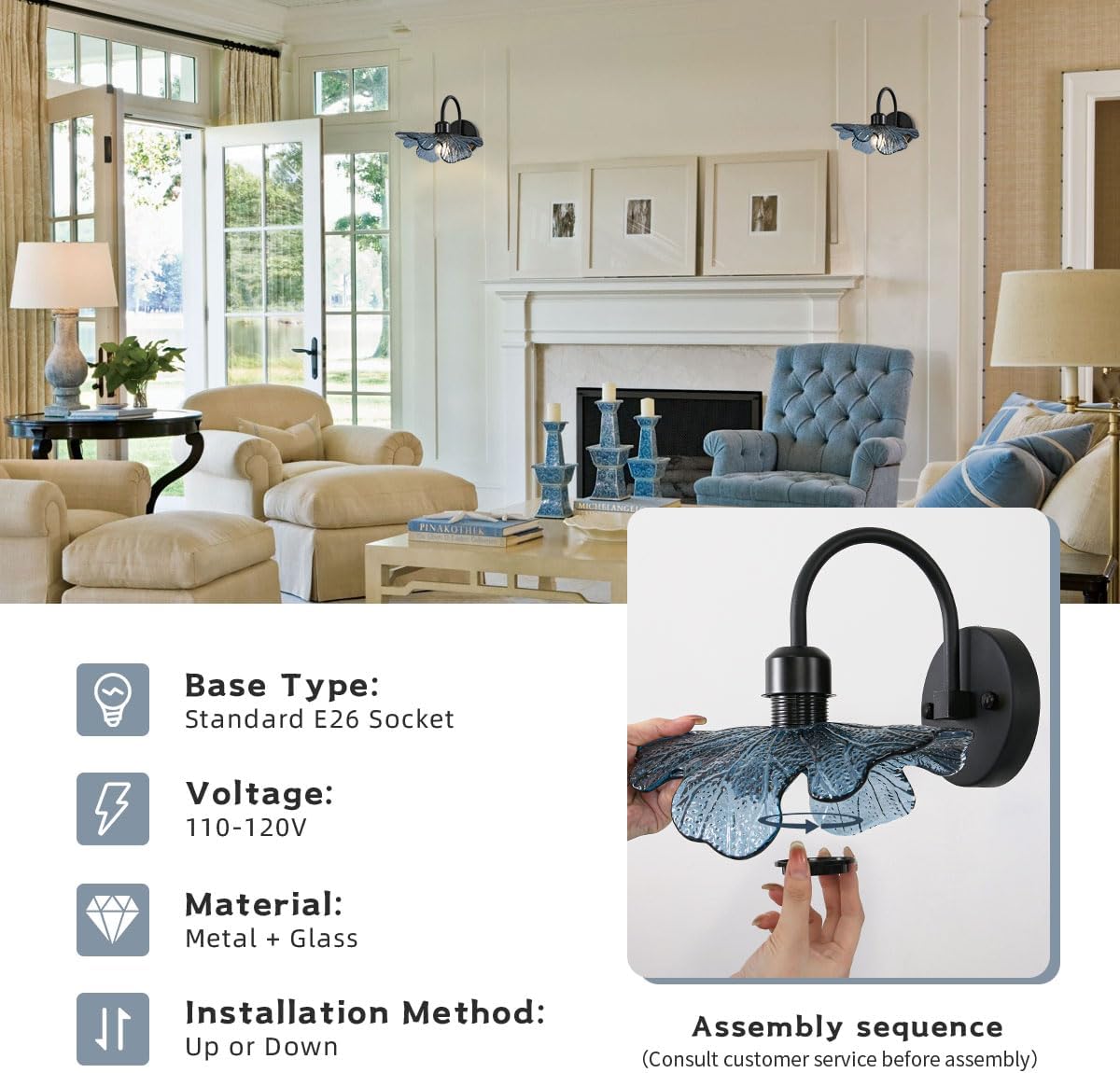 Vintage Wall Sconces Set of Two Matte Black Bathroom Vanity Light Mid Century Modern Wall Sconce Blue Glass Wall Lamp Vanity Light Over Mirror Bedroom Wall Sconces for Bedroom Living Room