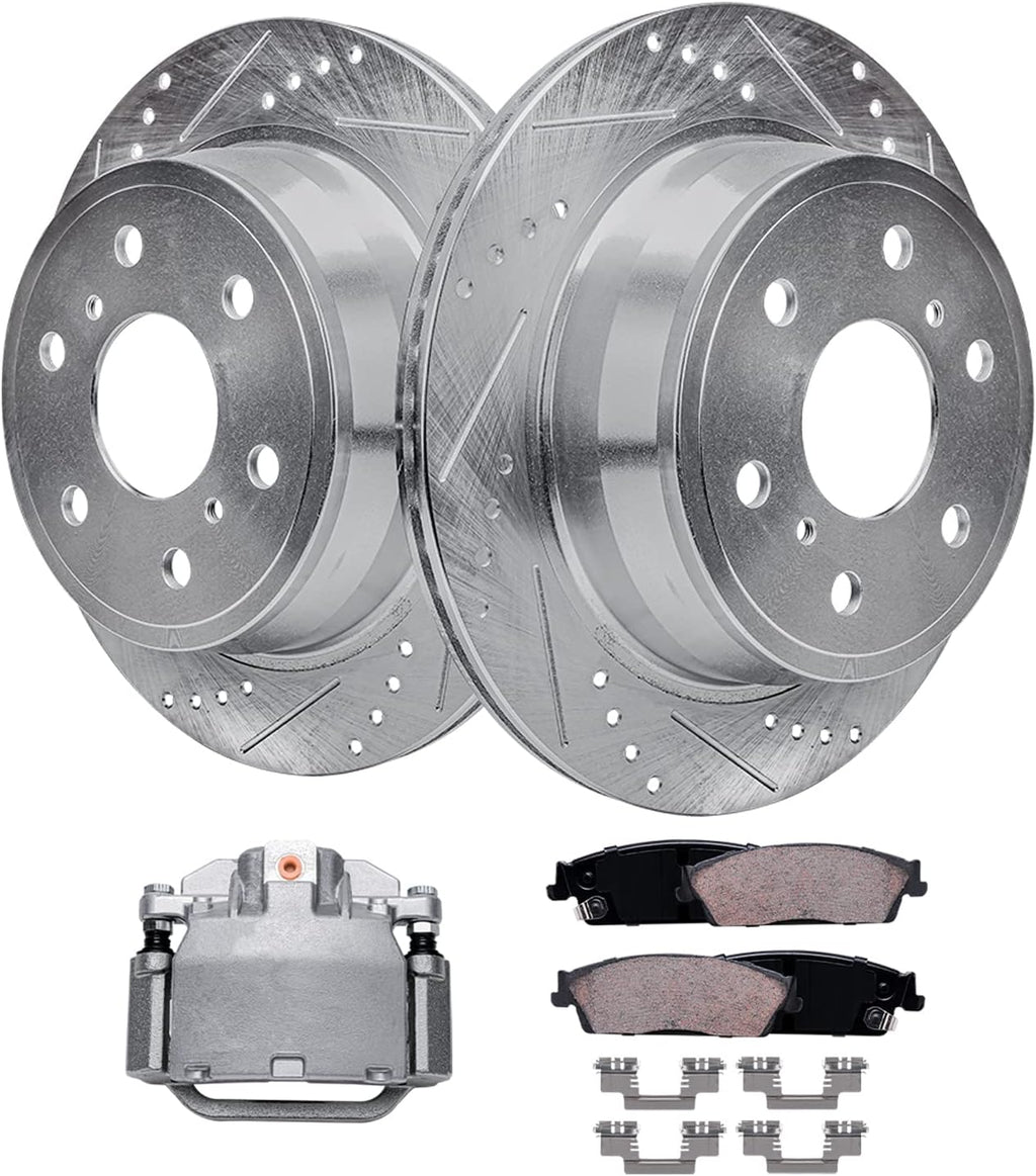 Detroit Axle - Rear Drilled Rotors Brake Pads Right Caliper Replacement for Escalade Silverado Sierra 1500 Tahoe - 5pc Set