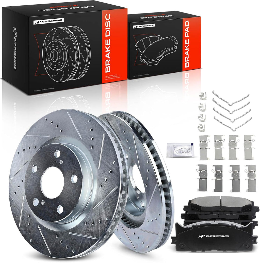 A-Premium 11.65 inch(295.9 mm) Front Drilled and Slotted Disc Brake Rotors + Ceramic Pads Kit Compatible with Lexus and Toyota Models - Camry 07-17, Avalon 08-18, ES350 07-18, ES300h 13-18, 6-PC Set