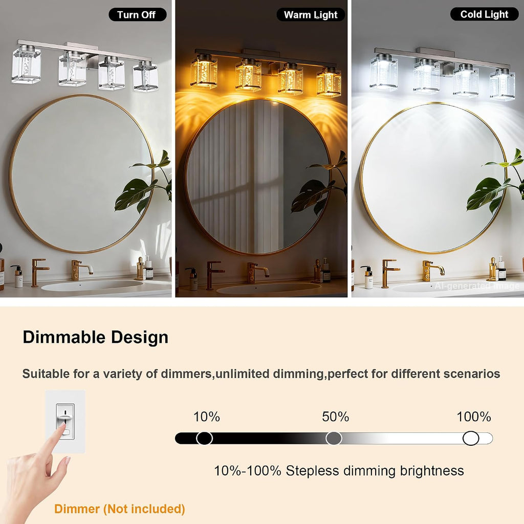 LED Brushed Nickel Finish Bathroom Light fixtures, 4 Lights Modern Bathroom Wall Sconces with Bubble Crystal Glass Classic Vanity Lighting fixtures Over Mirror