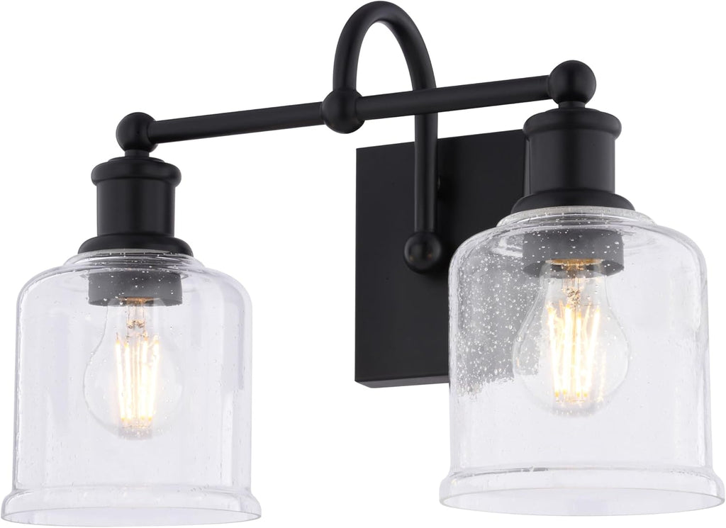 VAXCEL Northbrook 2-Light 16 in. Wide Matte Black Traditional Bathroom Vanity Lighting Fixture, Clear Seeded Glass Shade, Dimmable, LED Compatible, Over The Mirror Mounted Steel Wall Sconce