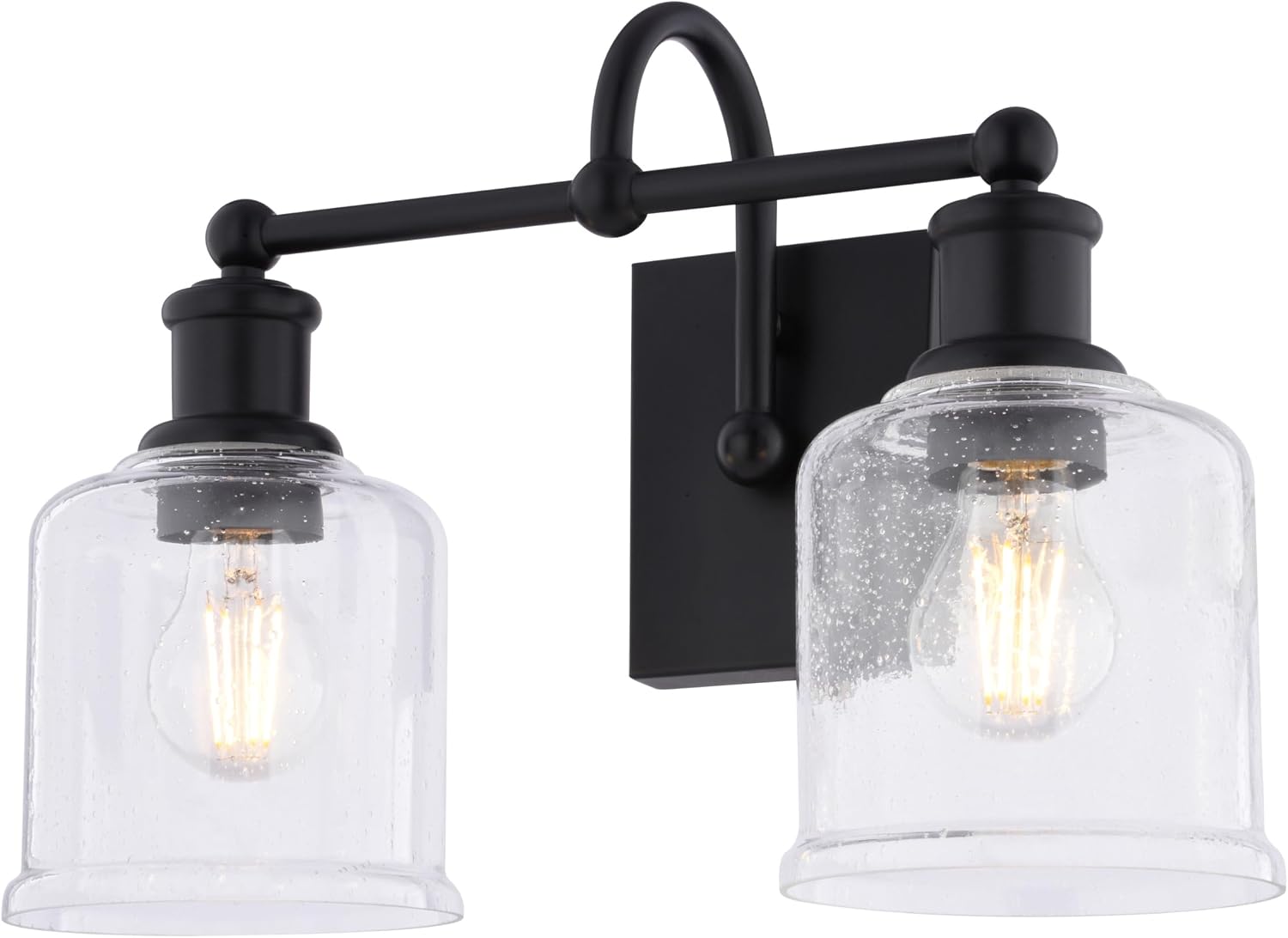 VAXCEL Northbrook 2-Light 16 in. Wide Matte Black Traditional Bathroom Vanity Lighting Fixture, Clear Seeded Glass Shade, Dimmable, LED Compatible, Over The Mirror Mounted Steel Wall Sconce