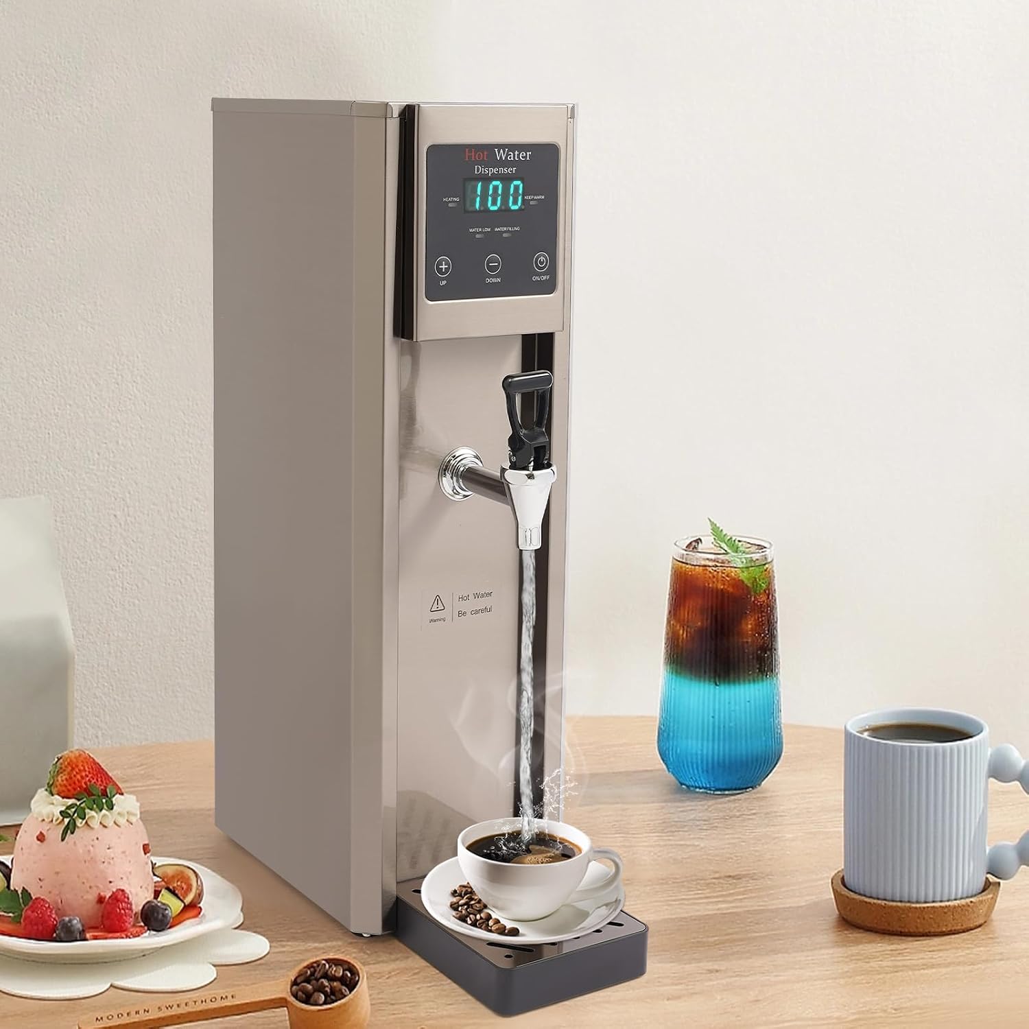 Countertop Electric Hot Water Dispenser, 20L(5.3Gal)/Hour Commercial Stainless Steel Water Boiler, 1800W Water Step-Heating Machine for Tea/Coffee Shop/Office/Restaurant, Adjustable Temp 104-210.2℉