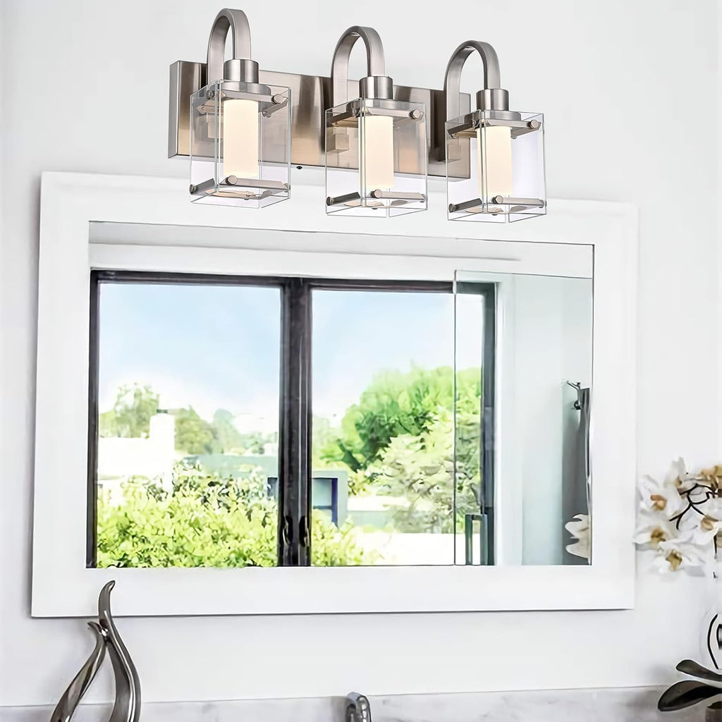 3-Light Brushed Nickel Vanity Light Fixtures, Modern LED Bathroom Wall Lights for Dressing Room, Integrated LED Chips with Frosted Column & Clear Square Glass Shades, Energy Saving Wall Sconce