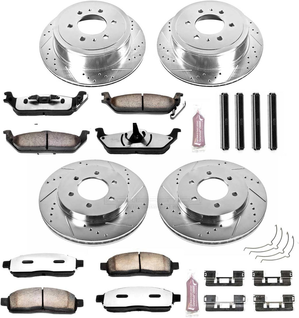 PowerStop Front & Rear Brake Kit For Ford F-150 2004-08 | Lincoln Mark LT 2006-08 - Truck & Tow Carbon Fiber Ceramic Brake Pads + Drilled & Slotted Rotors Upgrade, K1944-36