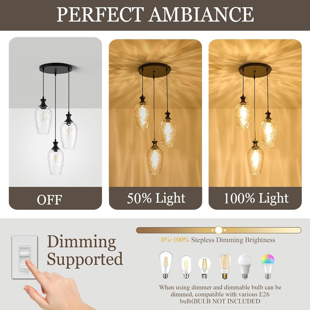 3-Light Pendant Lighting, Black Dining Room Chandelier Light Fixture Over Table with Hammered Glass, Modern Cluster Hanging Lights for Kitchen Island Sink, E26