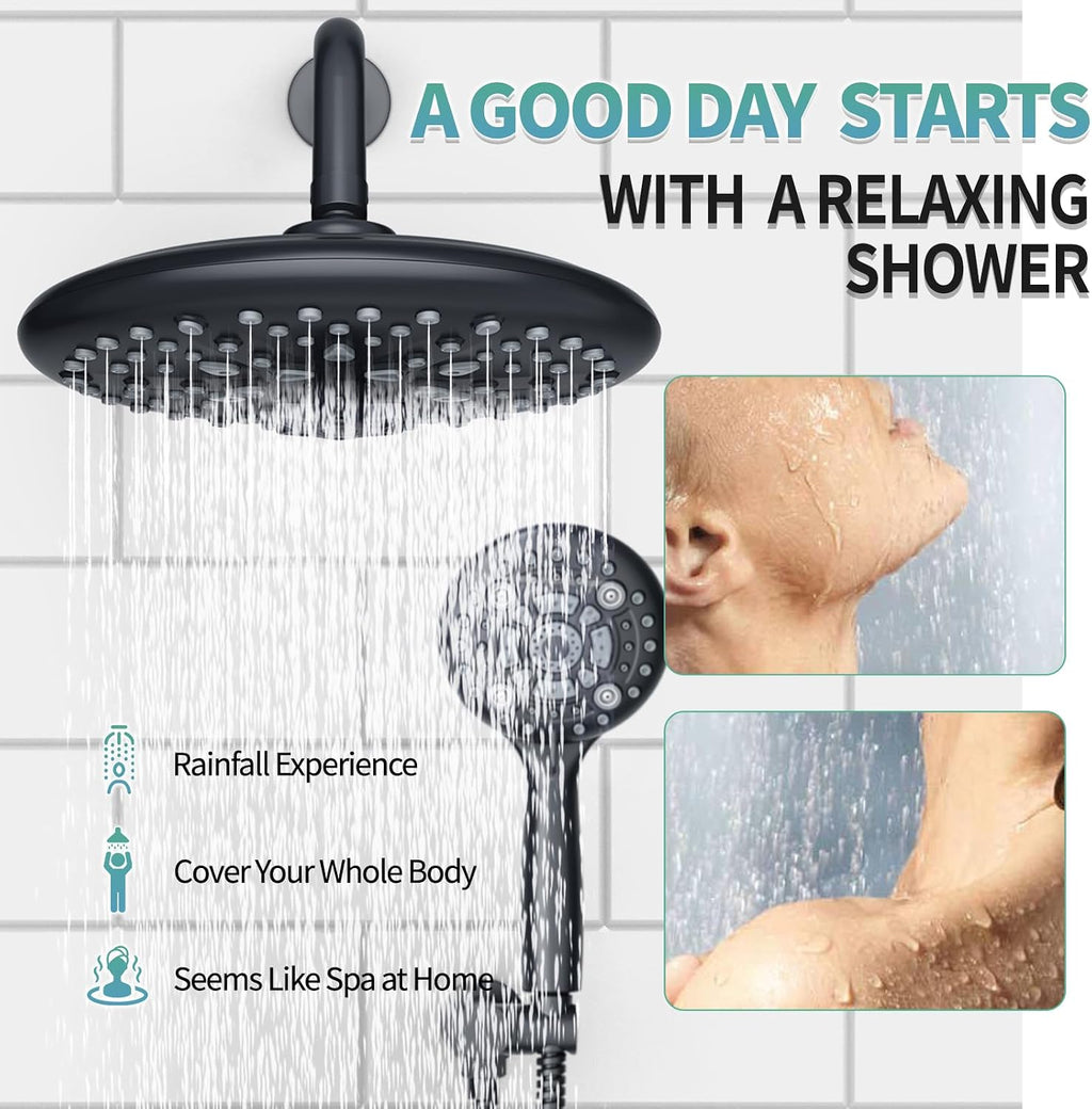 SR SUN RISE Shower Faucet - 10 Inch Multifunctional High Pressure Shower Head System with Handheld Shower Head Fixtures - Valve Included - Matte Black