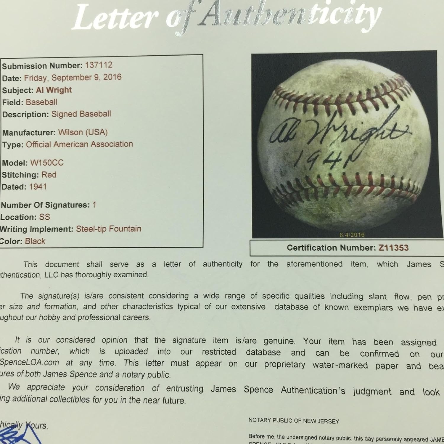 Rare 1941 AB Wright Single Signed Game Used Minor League Baseball JSA COA - MLB Game Used Baseballs