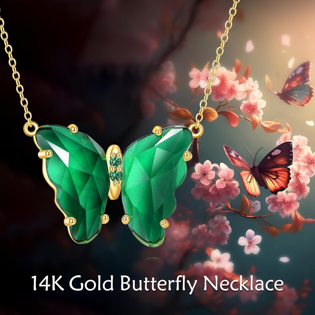 DOVRAN Real Solid Gold Birthstone Butterfly/Dragonfly/Bee/Hummingbird Necklace for Women Yellow Gold Animal Pendant for Christmas Dainty Jewelry Birthday Gifts for Mom Wife