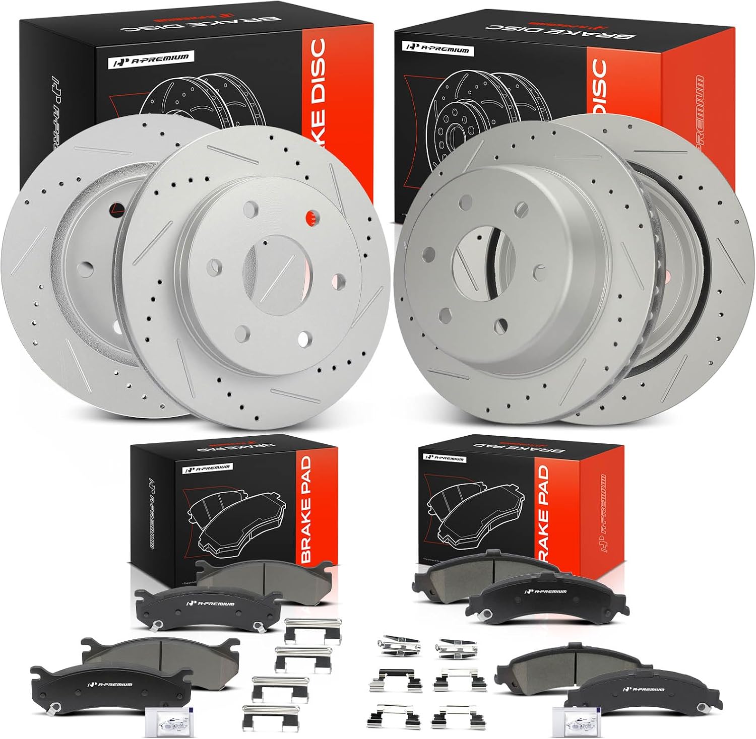 A-Premium Front & Rear Drilled and Slotted Disc Brake Rotors + Ceramic Pads Kit Compatible with Cadillac, Chevy and GMC Models - Silverado 1500, Escalade, Avalanche 1500, Sierra 1500, Yukon