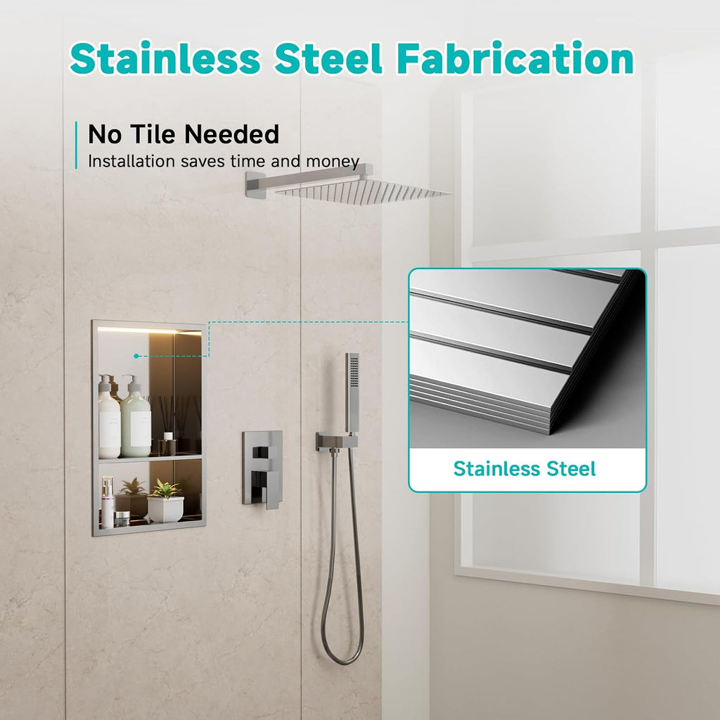 Stainless Steel LED Lights Shower Niche 12' x 18' – Recessed 2-Tier Shower Shelf, 12'x12' Upper & 12'x6' Lower Storage, Modern Bathroom Wall Niche (Brushed)
