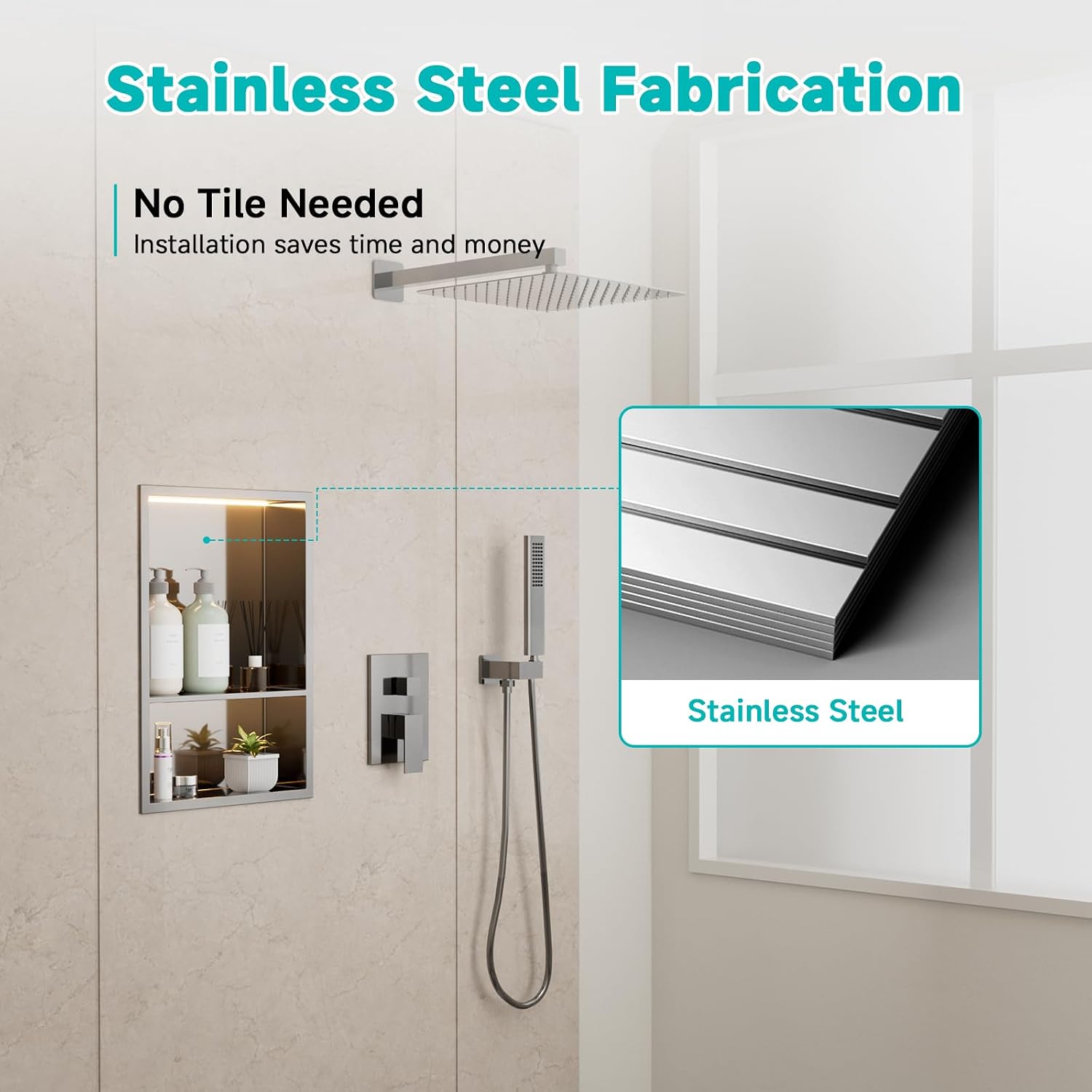 Stainless Steel LED Lights Shower Niche 12' x 18' – Recessed 2-Tier Shower Shelf, 12'x12' Upper & 12'x6' Lower Storage, Modern Bathroom Wall Niche (Brushed)