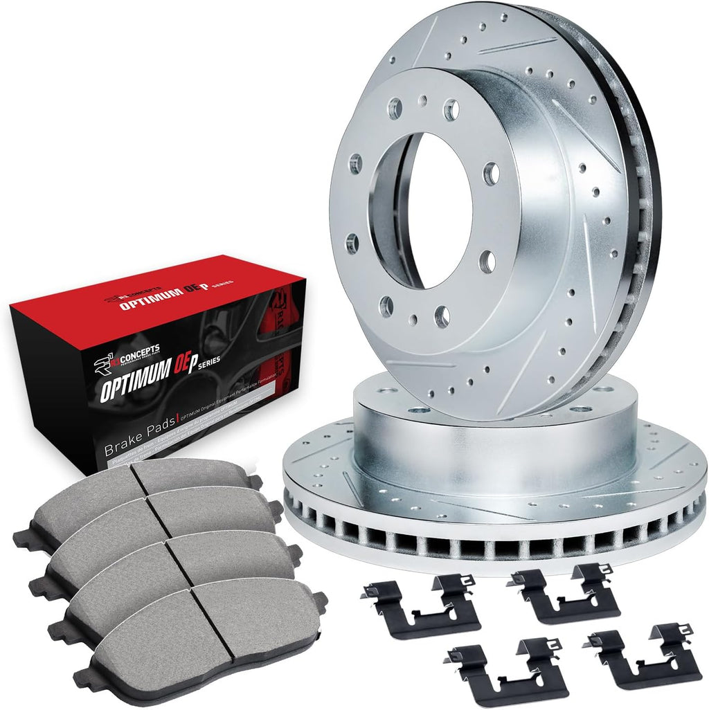 R1 Concepts Front Brake Kit Fits 2023-2025 Ford F-250, F-350| Optimum Oep Pads, Drilled Slotted Rotors| Hardware| 14.3' Front