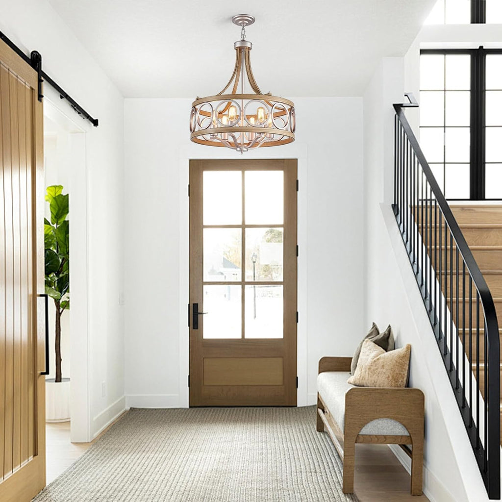 XINGQI Brushed Nickel Dining Room Chandelier 6 Lights Modern Farmhouse Chandelier 21.7' Round Hanging Lighting Fixture Rustic Metal Drum Pendant Lamp for Entryway Bedroom Kitchen