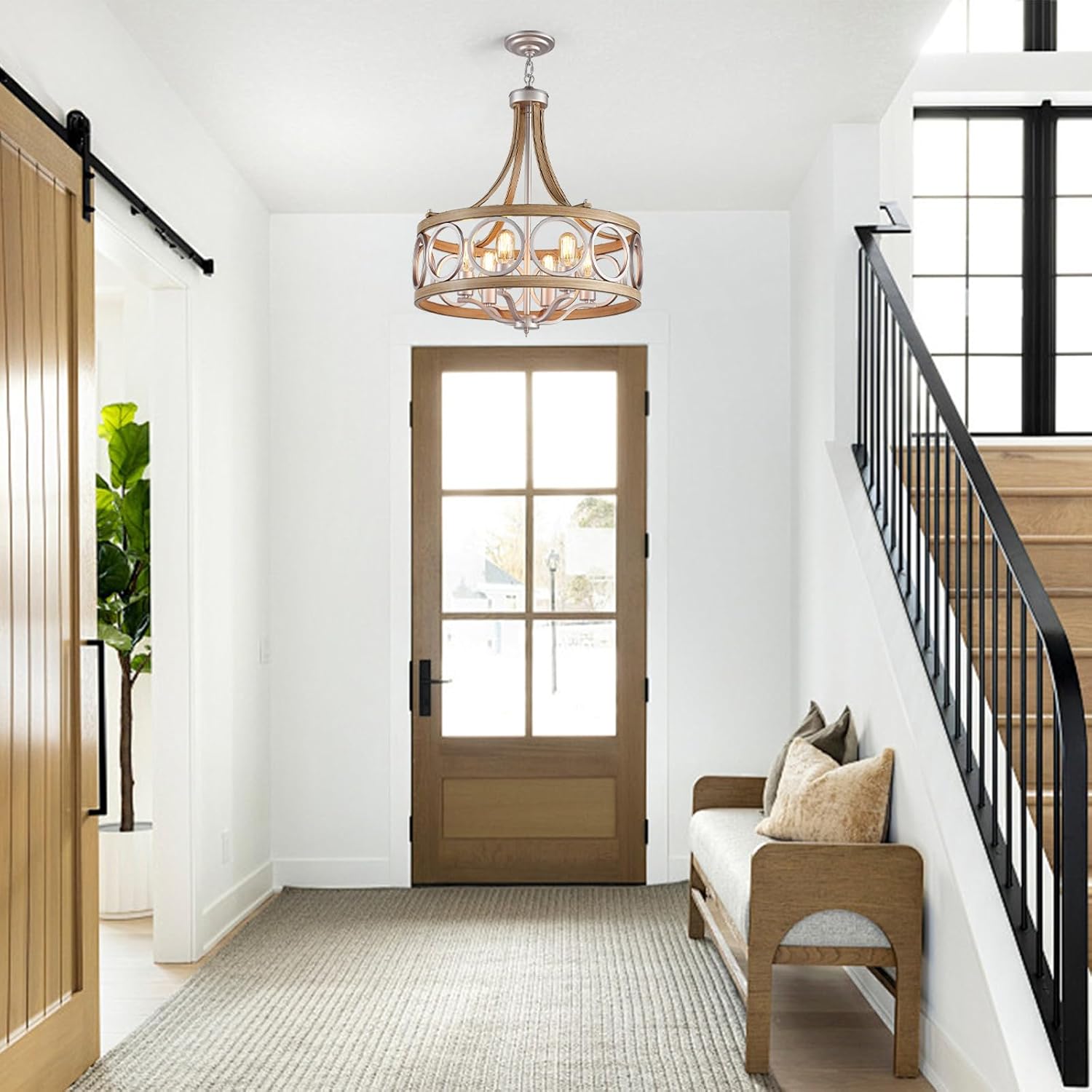 XINGQI Brushed Nickel Dining Room Chandelier 6 Lights Modern Farmhouse Chandelier 21.7' Round Hanging Lighting Fixture Rustic Metal Drum Pendant Lamp for Entryway Bedroom Kitchen