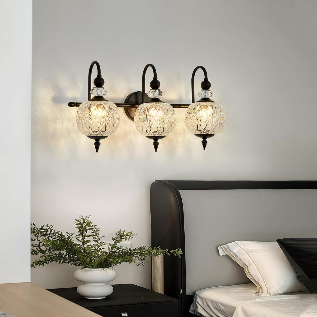 Piepooye Vintage Bathroom Light Fixtures Black Vanity Light with Glass Globe LampShade 3 Lights Mid Century G9 Bulb Wall Sconce Indoor Vanity Light Over Mirror for Kitchen Bedroom Farmhouse