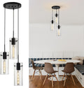 Modern Cluster Pendant Lights, Black Cluster Chandelier with Clear Ribbed Glass, 3 Light Pendant Lighting for Kitchen Island, Staircase, Dining Room, Living Room