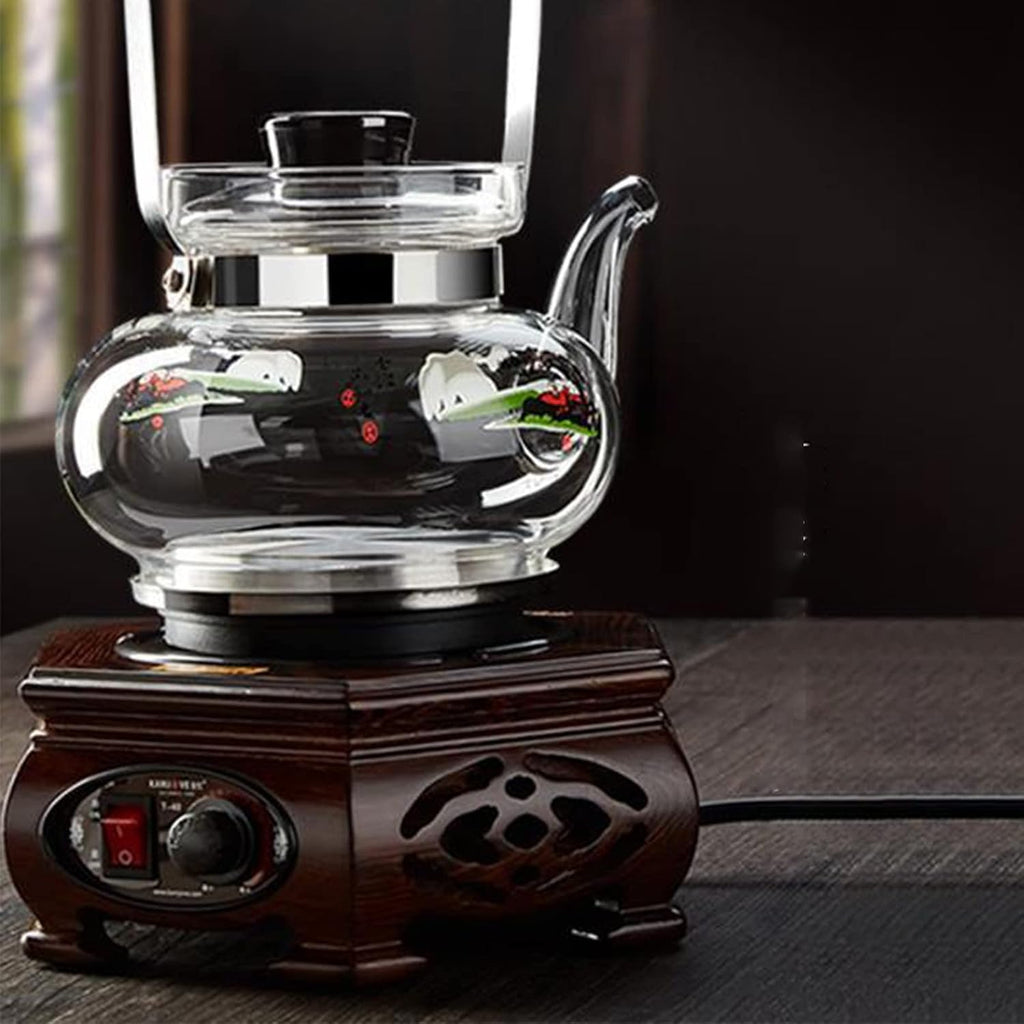 0.8l Retro Electric Kettle Glass Rotary Button Wood-Carved Handle 200w-800w Silent Heating Glass Kettle Electric Tea Set Glass Teapot Hot Water Dispensers (A) lofty ambition hopeful