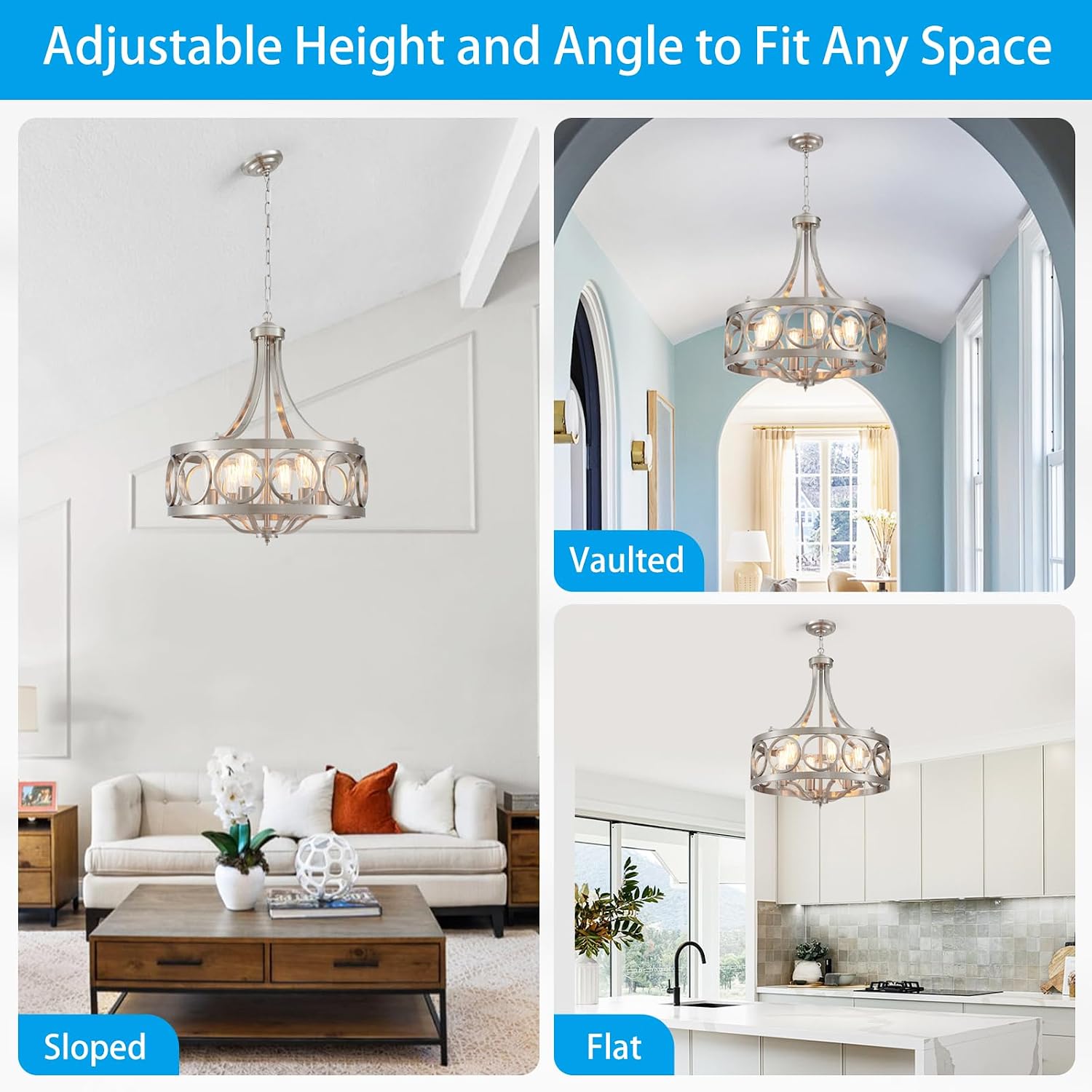 XINGQI Brushed Nickel Dining Room Chandelier 6 Lights Modern Farmhouse Chandelier 21.7' Round Hanging Lighting Fixture Rustic Metal Drum Pendant Lamp for Entryway Bedroom Kitchen