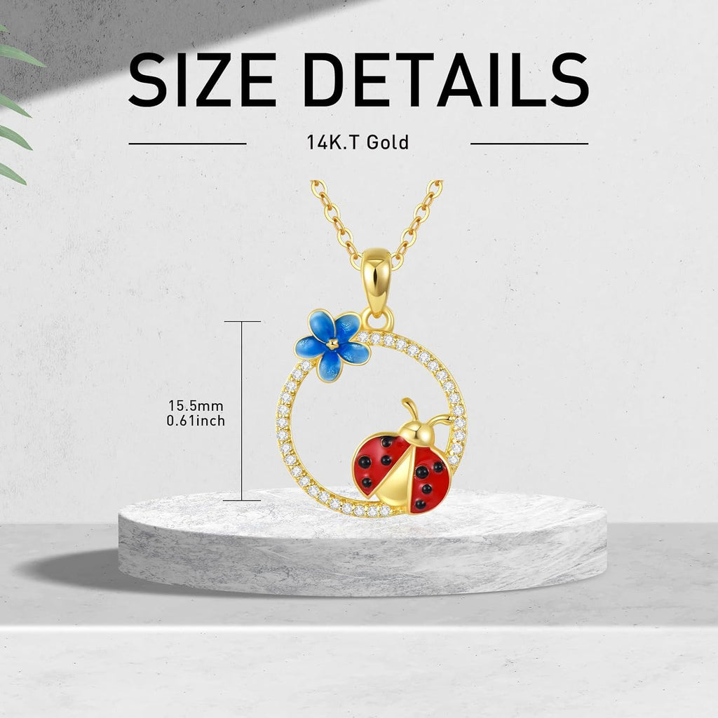Ladybug Pendant Necklace for Women 14K Real Gold Enamel Ladybug with Flower Necklace Cute Jewelry Gift for Her in 16-18'