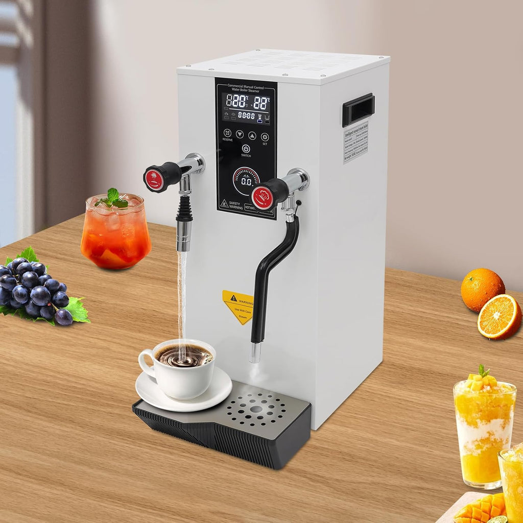 Commercial Milk Frother, 3000W Electric Steam Milk Frothing Machine, Hot Water Dispenser with 3.2gal Capacity, LED Display, Steam Water Boiling Machine for Cafe Milk Coffee Tea Shop (White)