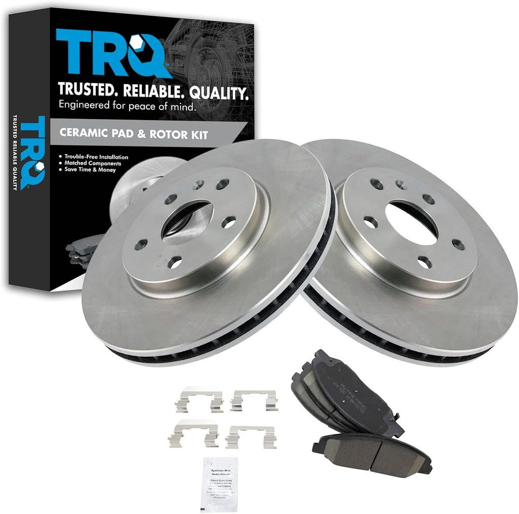TRQ Front Ceramic Brake Pad and Rotor Set Compatible with 2008-2014 Cadillac CTS with Standard Duty Brakes with 315mm Front Rotors