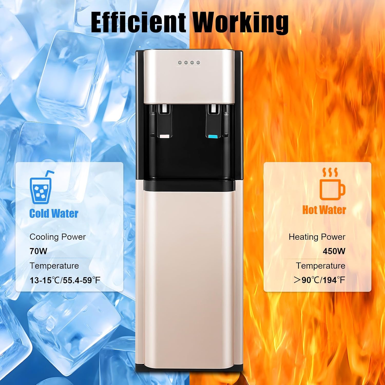 Bepritm Bottom Loading Water Cooler Dispenser for 5 Gallon Bottles, Hot Cold & Cool Water Dispenser with Empty Bottle Indicator, Stainless Steel, Ideal for Office, Home, Living Room (Gold)