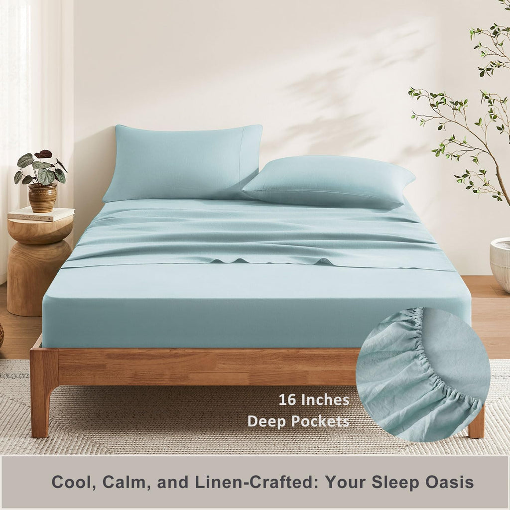 TOSMO 100% French Linen Sheets Set, Breathable and Durable Linen Flax Bedding 4 Pcs Set for Hot Sleepers - 1 Flat Sheet, 1 Fitted Sheet, 2 Pillowcases - (Aqua, Queen)