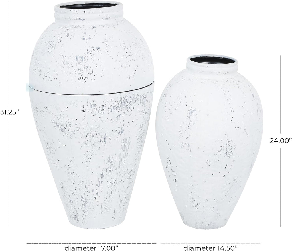 Deco 79 Metal Decorative Vase Tall Distressed Pot Floor Centerpiece Vases, Set of 2 Flower Vases for Home Decoration 31', 24' H, White