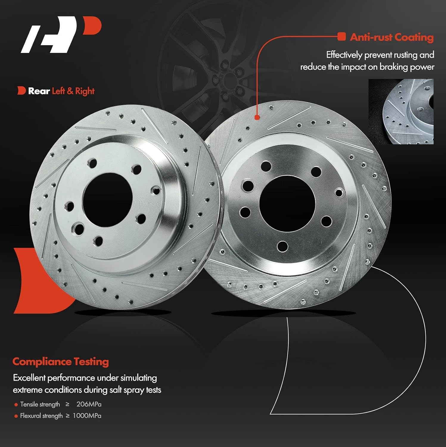 A-Premium 6-PC Set 12.98 inch (329.8mm) Rear Drilled and Slotted Disc Brake Rotors + Ceramic Pads Kit Compatible with Select Audi, Porsche and Volkswagen Models - for Touareg 2004-2010, Q7, Cayenne