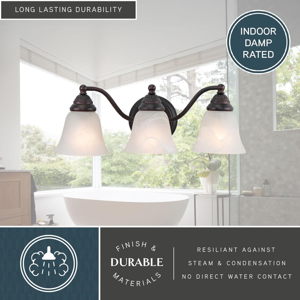 VAXCEL Standford 3-Light 19 inch Wide Oil Burnished Bronze Traditional Bathroom Vanity Lighting Fixture, White Alabaster Glass Shade, Dimmable, LED Compatible, Over The Mirror Mounted Wall Sconce