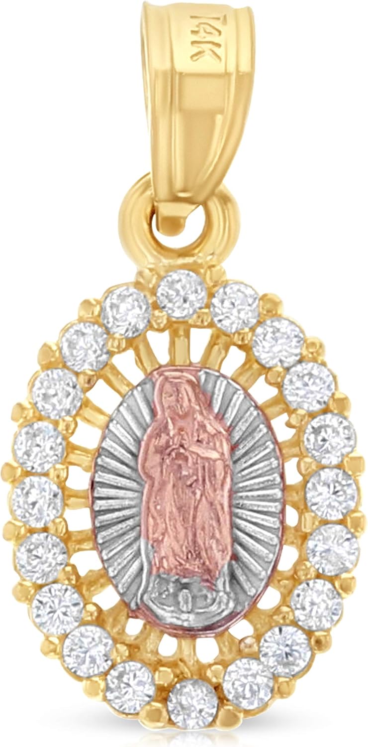 Ioka 14K Yellow Gold Our Lady of Guadalupe Cubic Zirconia CZ Charm Pendant with 1.5mm Valentino Chain Necklace