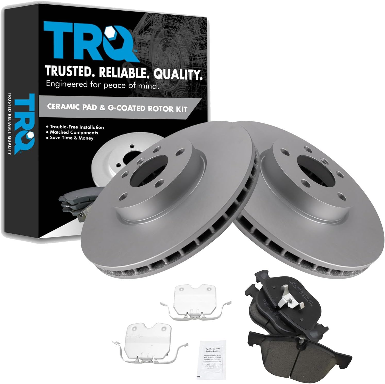 TRQ Front Ceramic Brake Pad and Rotor Set Coated Compatible with 2011-18 BMW X5 xDrive35i 2014-18 X5 xDrive35d 2014-18 X5 sDrive35i 2011-19 BMW X6 xDrive35i 2007-08 X5 3.0si 2015-19 X6 sDrive35i