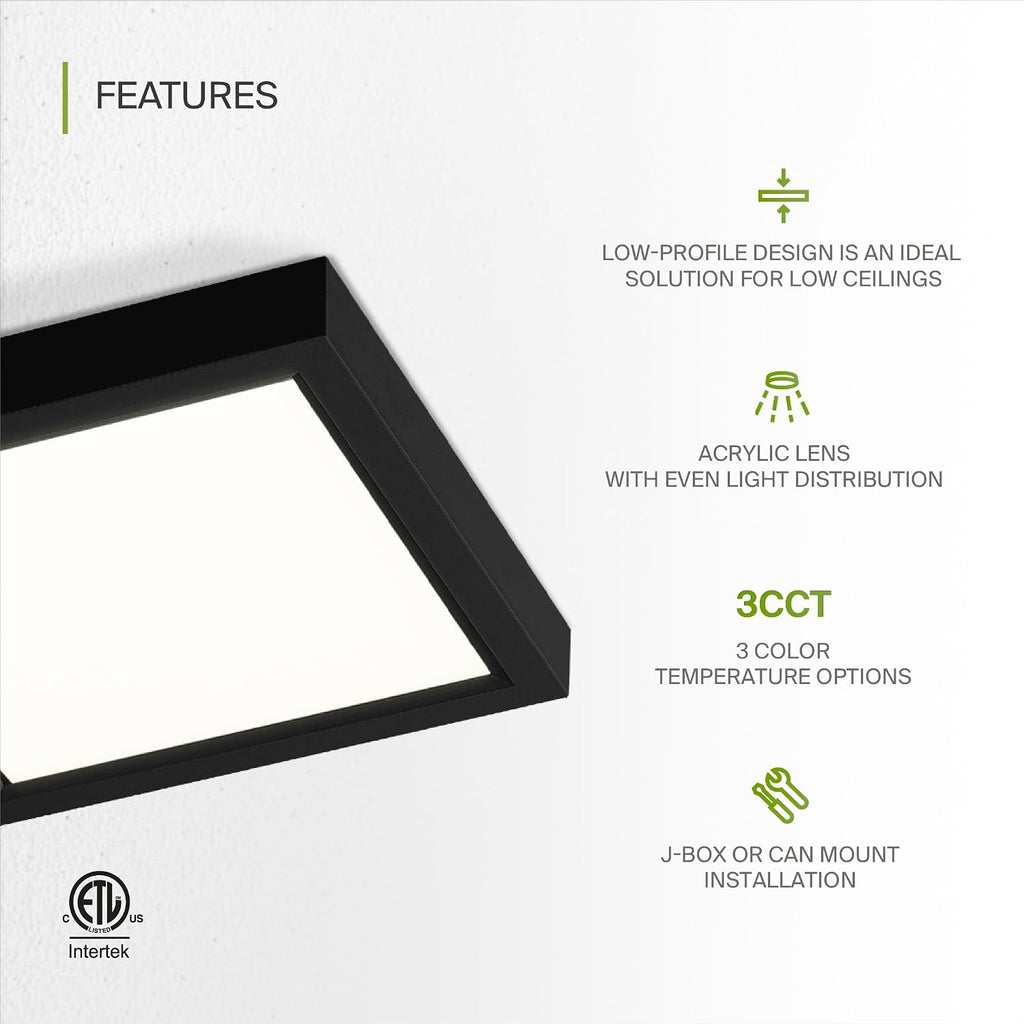 ASD LED 5' Square Flush Mount Light | 10W 740LM 3000-5000K 120V | 3CCT, Dimmable, Ultra Slim, ETL Listed | Thin Surface Lamp, Bedroom Ceiling Lighting | Black, 12 Pack