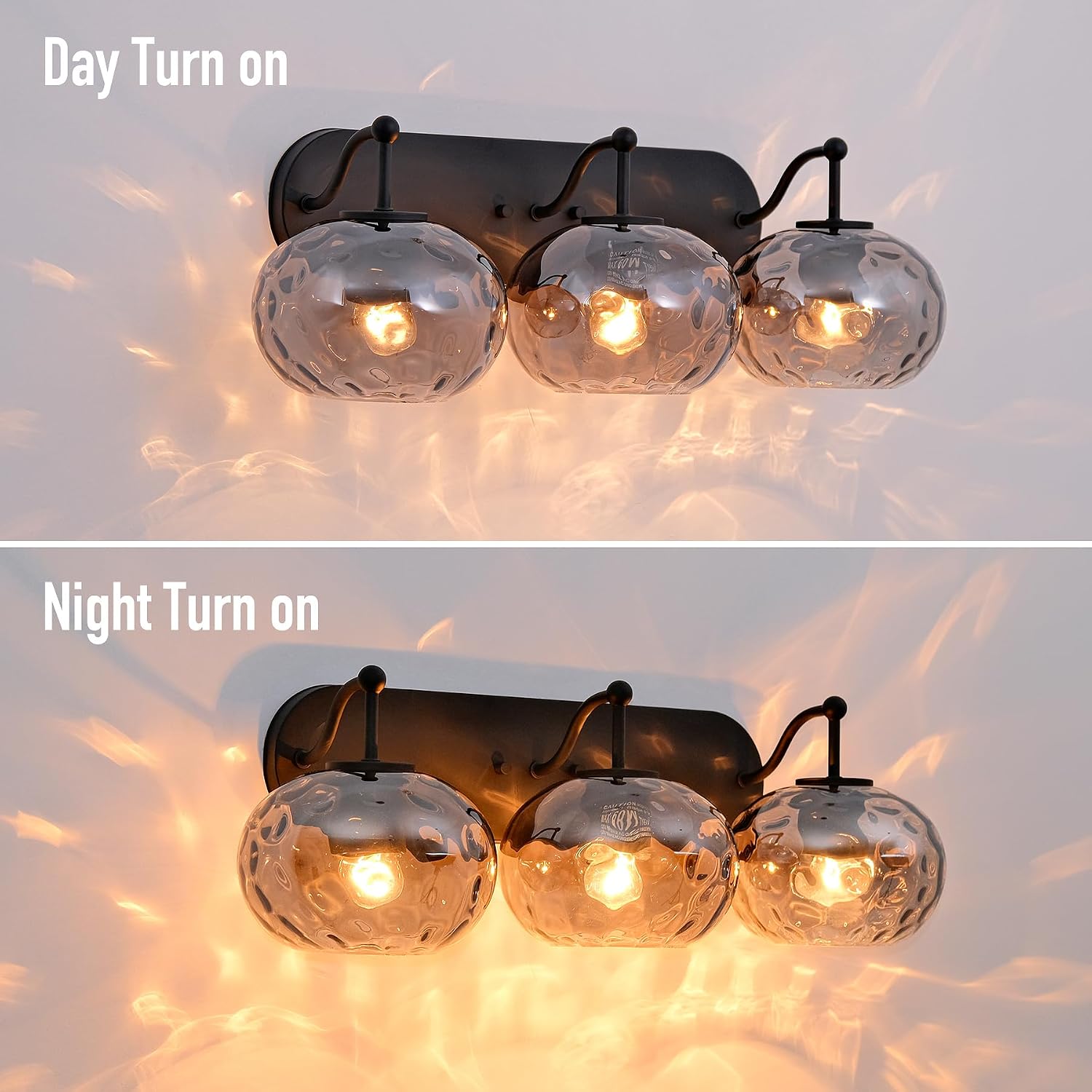 23' Matte Black Vanity Light Smoked Hammered Glass Wall Sconce 3-Light Grey Lampshade Wall Lamp for Hallway Living Room Stairwell Bathroom Over Mirror