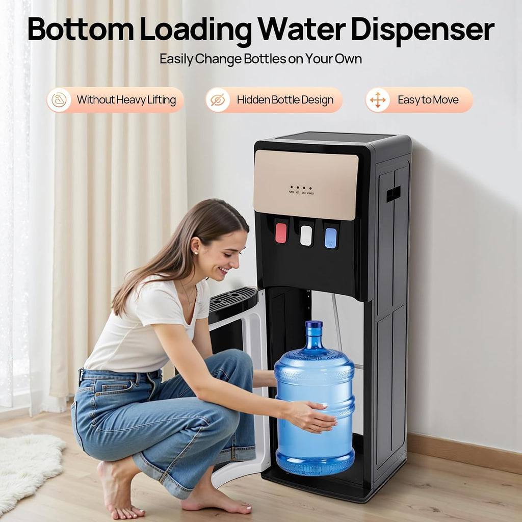 500W Bottom Loading Water Dispenser with 3 Temperature Settings, Hot & Cold Standing Water Dispenser Storage Cabinet Drinking Fountain for Home, Office, Holds 3 or 5 Gallon Bottles (Champaign Gold)