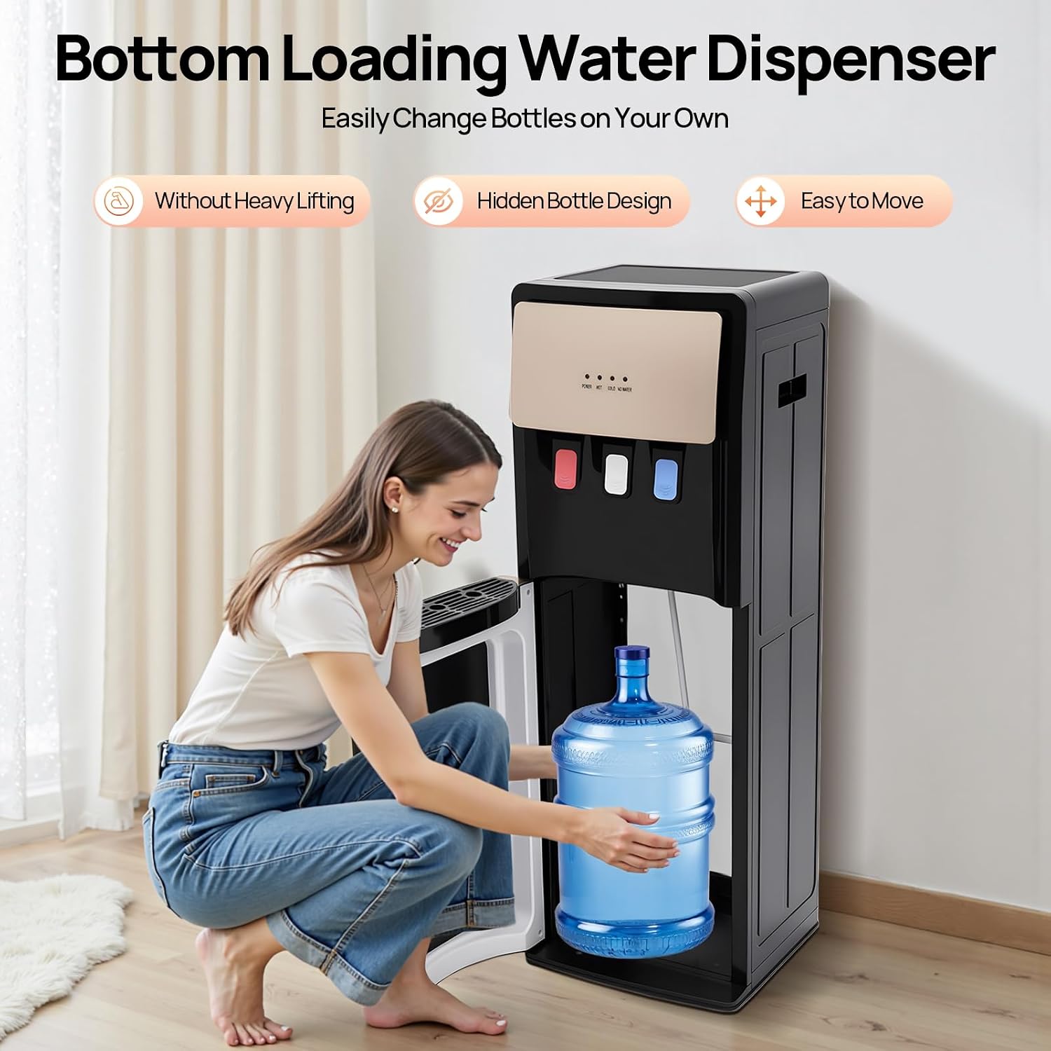 Bottom Loading Water Dispenser, 110V Hot & Cold Water Cooler Dispenser Standing Hot & Cold Water Dispenser with 3 Temperature Settings for Home, Kitchen, Office (Champaign Gold)