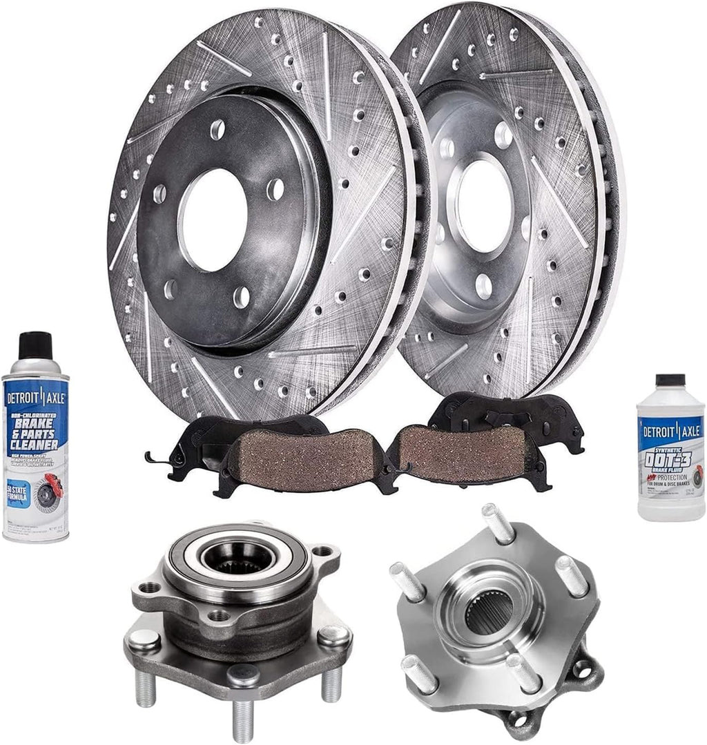 Detroit Axle - Front Wheel Bearing Hubs Brake Kit for 2014-2020 Nissan Rogue 2017-2022 Rogue Sport, Drilled & Slotted Brake Disc Rotors Ceramic Brake Pads Wheel Bearing & Hub Assembly Replacement