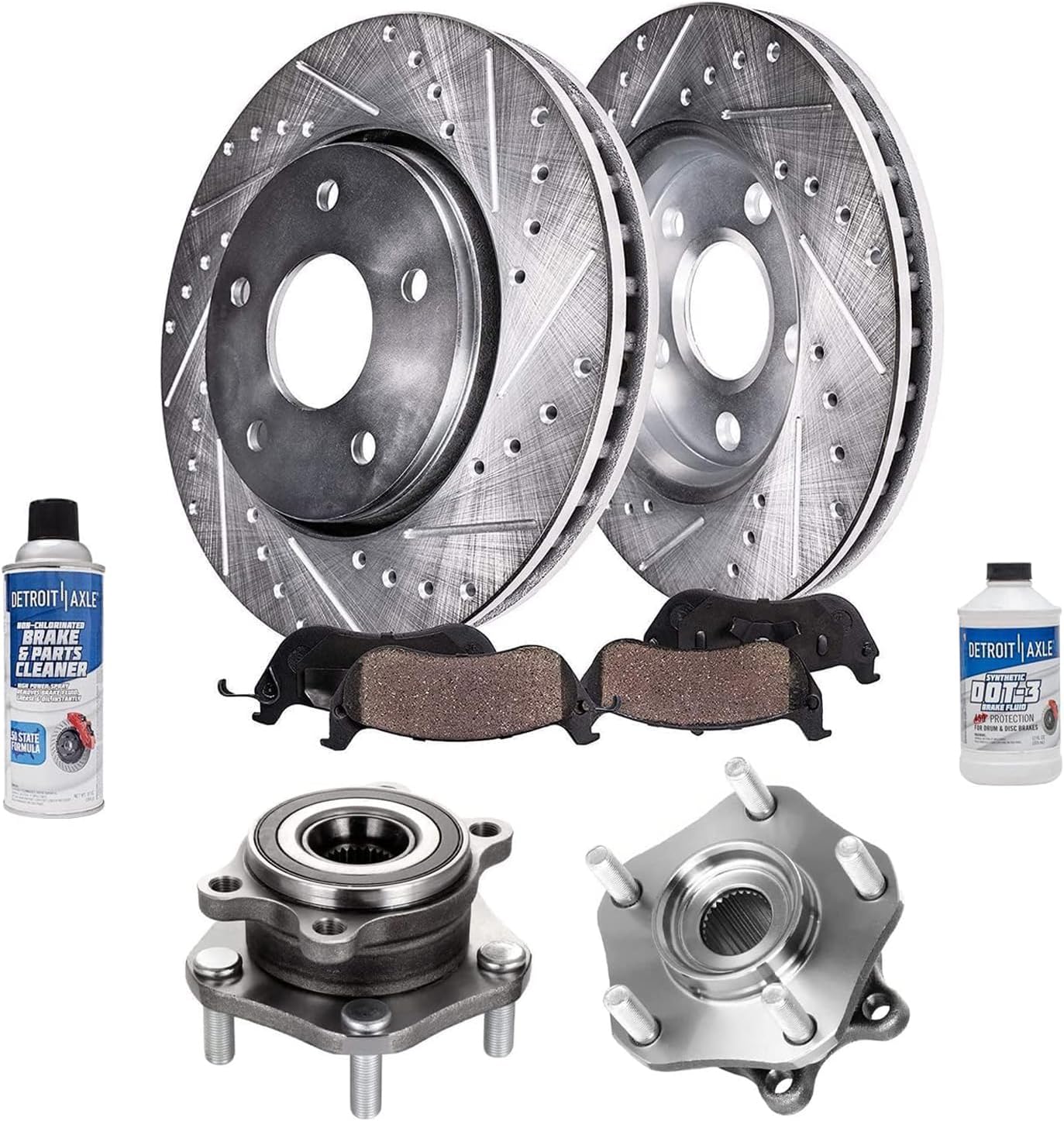 Detroit Axle - Front Wheel Bearing Hubs Brake Kit for 2014-2020 Nissan Rogue 2017-2022 Rogue Sport, Drilled & Slotted Brake Disc Rotors Ceramic Brake Pads Wheel Bearing & Hub Assembly Replacement