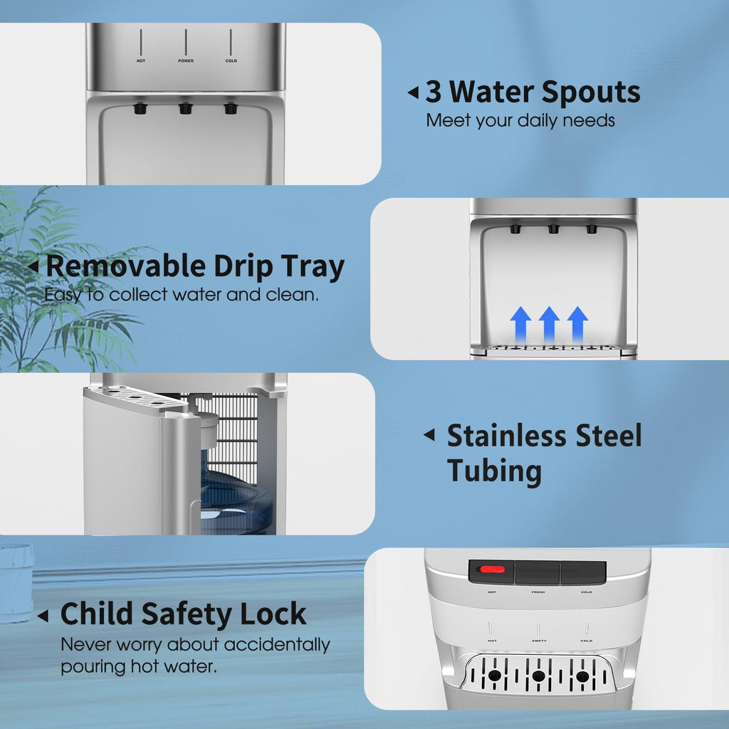 IKT Self-Cleaning Water Cooler Dispenser Bottom Load for 3-5 Gallon Bottle with Child Safety Lock LED Display Light Perfect for Home Silver