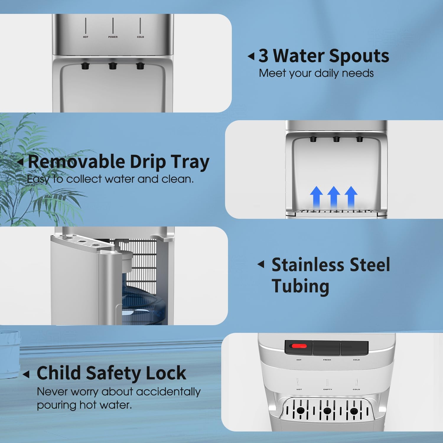 IKT Self-Cleaning Water Cooler Dispenser Bottom Load for 3-5 Gallon Bottle with Child Safety Lock LED Display Light Perfect for Home Silver