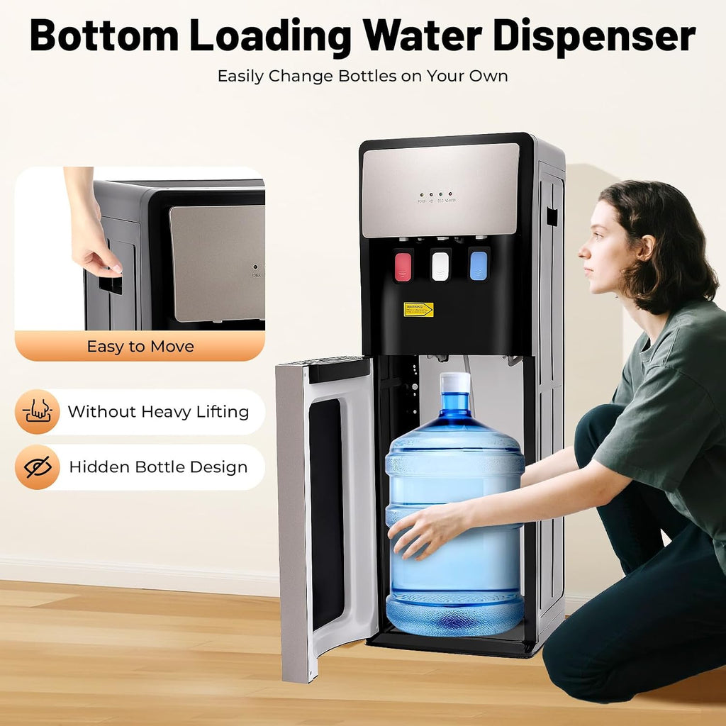 500W Bottom Loading Water Dispenser with 3 Temperature Settings, Hot & Cold Standing Water Dispenser Storage Cabinet Drinking Fountain for Home, Office, Holds 3 or 5 Gallon Bottles (Silver Grey)