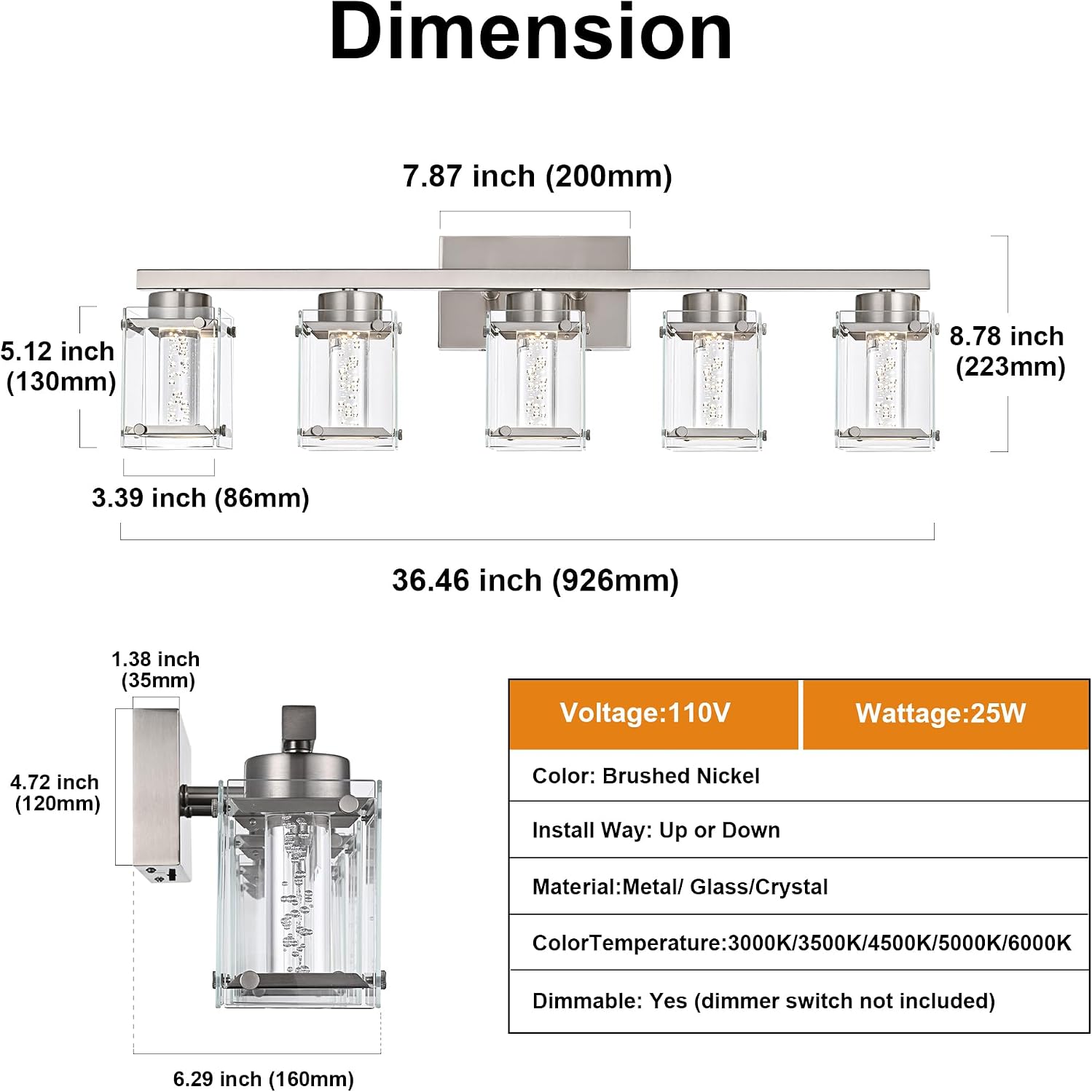 Modern Vanity Light 5-Light Brushed Nickel Finish LED Indoor Lighting Fixture with with Clear Glass Shade and Crystal Bulb Wall Sconces Lights for Bathroom