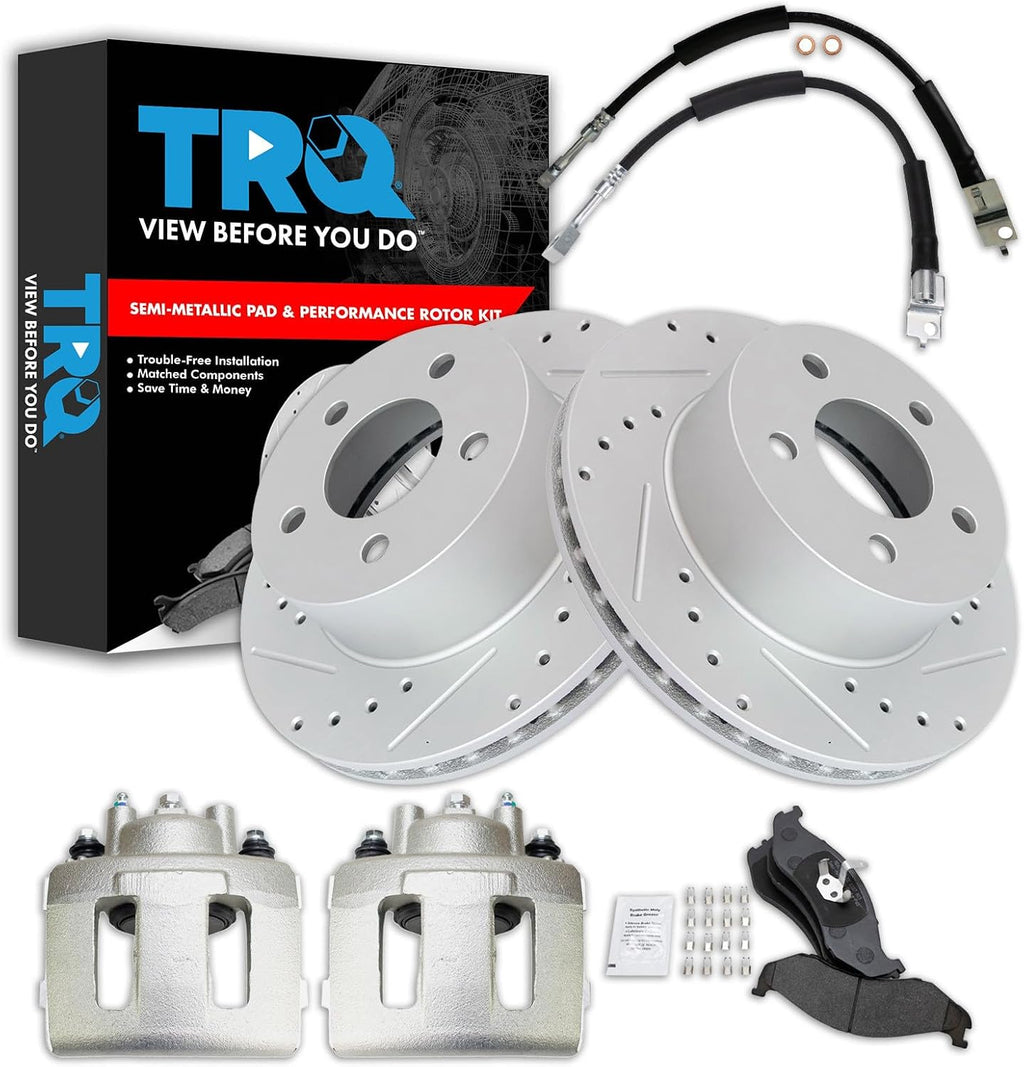 TRQ Performance Front Brake Pad and Rotor Set Semi Metallic Coated Rotors Calipers Compatible with 1990-1998 Jeep Cherokee 1990-1992 Comanche 1993-1998 Grand Cherokee 1990 Wagoneer 1997-1999 Wrangler