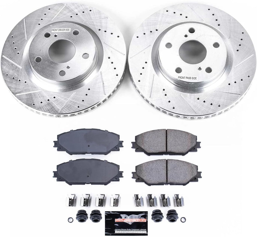 PowerStop Front Brake Kit for Pontiac Vibe 2009-10 |Scion iM 2016 |tC 2011-16 |Toyota Corolla iM 2017-18 - Drilled and Slotted Disc Rotors with Carbon-Fiber Ceramic Brake Pads Replacement, K3054