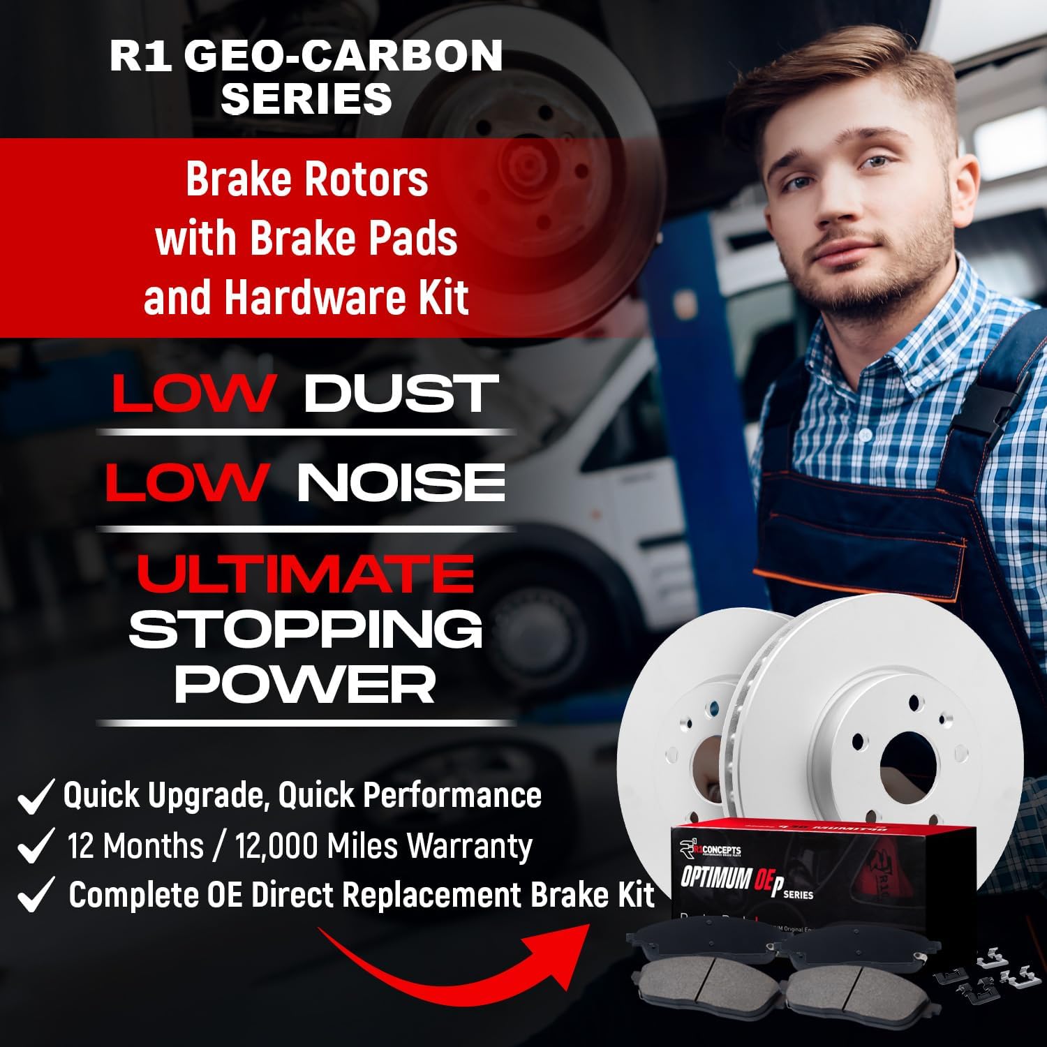 R1 Concepts Front Brake Kit Fits 2021-2024 Hyundai Elantra; 2021-2023 Hyundai Sonata; 2023-2025 Kia Niro; 2025 Kia K5| Optimum Oep Pads, Blank Rotors| Hardware| 12.0' Front