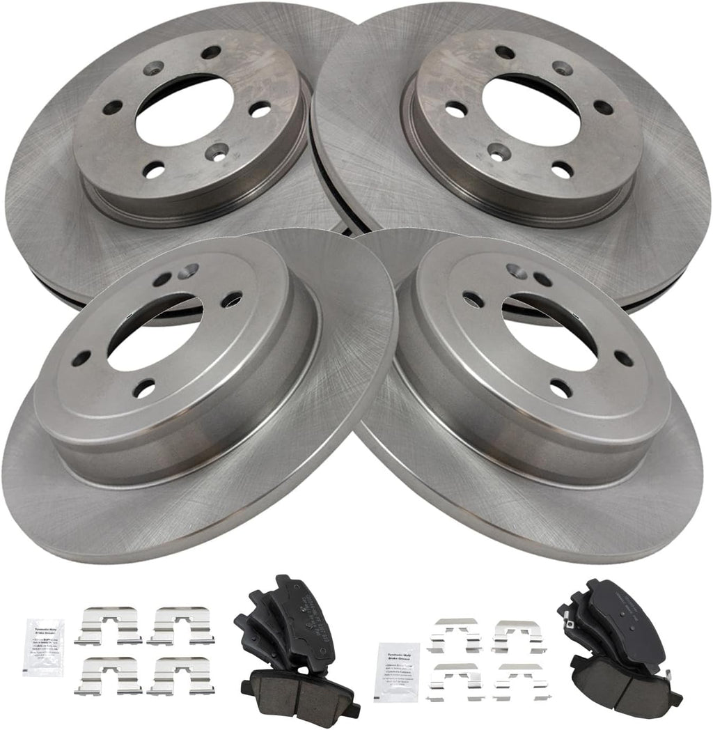 TRQ Front and Rear Brake Pad and Rotor Set Ceramic Vented Solid Rotors Compatible with 2012-2017 Hyundai Accent Kia Rio