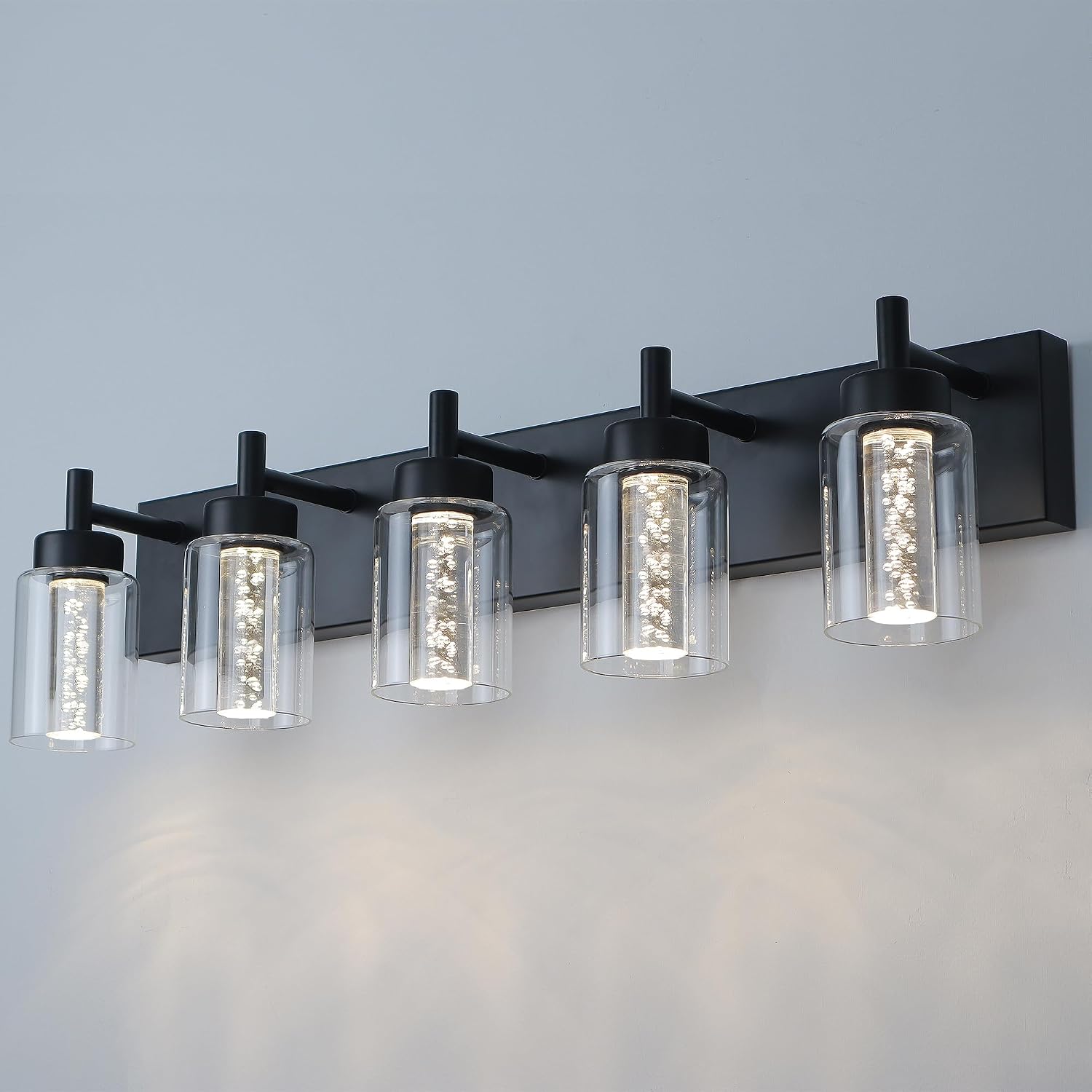 5-Light LED Bathroom Vanity Light Fixtures, Metal Black Finish Bathroom Lighting Over Mirror Interior Wall Lighting Fixtures with Crystal Bulb Clear Glass Shade(LED Bulbs Included)