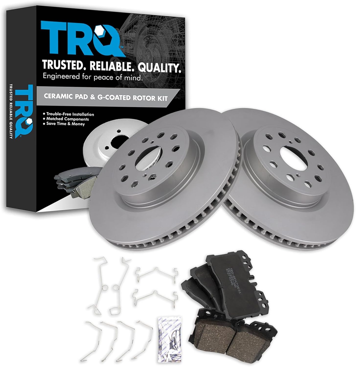 TRQ Front Brake Pad and Rotor Set Ceramic G Coated Vented Rotors Compatible with 2007-2017 Lexus LS460