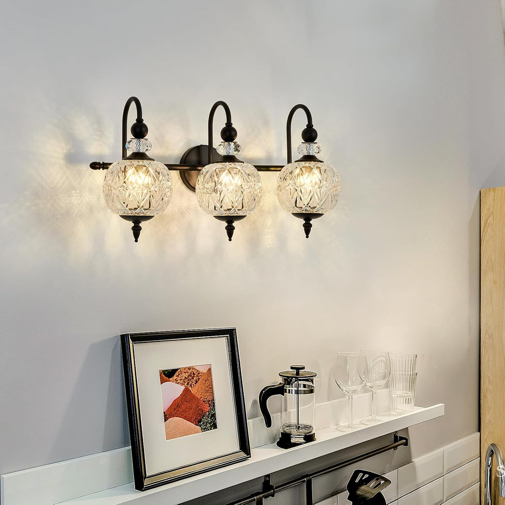 Piepooye Vintage Bathroom Light Fixtures Black Vanity Light with Glass Globe LampShade 3 Lights Mid Century G9 Bulb Wall Sconce Indoor Vanity Light Over Mirror for Kitchen Bedroom Farmhouse